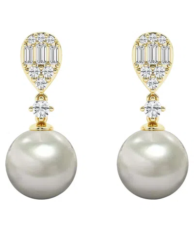 Macy's Cultured Freshwater Pearl (8-9mm) & Diamond Earrings In 14k Yellow Gold In Multi