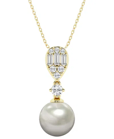 Macy's Cultured Freshwater Pearl (8-9mm) & Diamond Pendant Necklace In 14k Yellow Gold In Multi