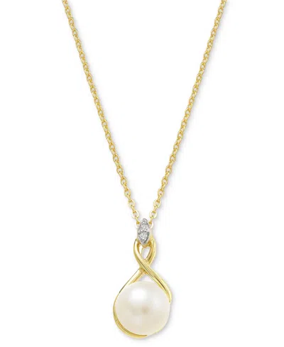 Macy's Cultured Freshwater Pearl (8mm) & Cubic Zirconia 18" Pendant Necklace In 14k Two-tone Gold-plated St In Gold Over Sterling Silver