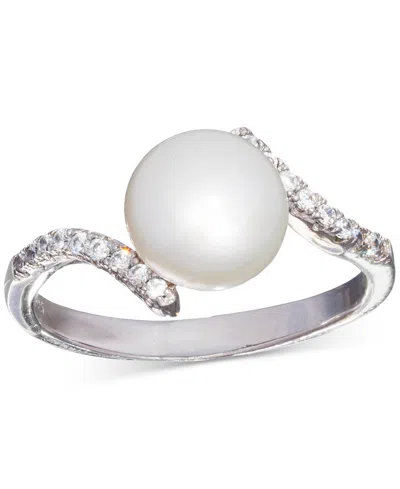 Macy's Cultured Freshwater Pearl (8mm) & Cubic Zirconia Bypass Swirl Ring In Sterling Silver
