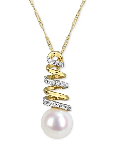 Macy's Cultured Freshwater Pearl (8mm) & Diamond (1/10 Ct. T.w.) Spiral 17" Pendant Necklace In 10k Gold