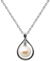 Macy's Cultured Freshwater Pearl (8mm) & Diamond Accent Orbital Teardrop 18" Pendant Necklace In Sterling S In Silver