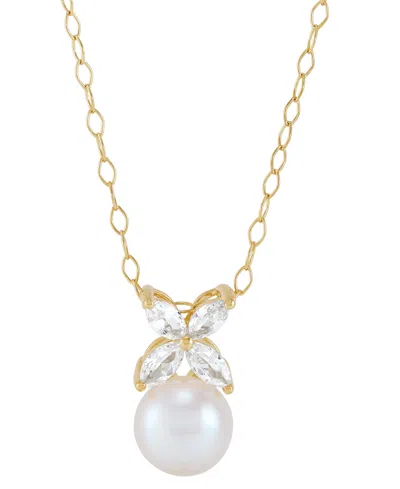 Macy's Cultured Freshwater Pearl (8mm) & Lab Grown White Sapphire (3/4 Ct. T.w.) Flower Pendant Necklace In In Gold