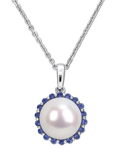 Macy's Cultured Freshwater Pearl (8mm) & Sapphire (1/3 Ct. T.w.) 18" Pendant Necklace In Sterling Silver In Metallic
