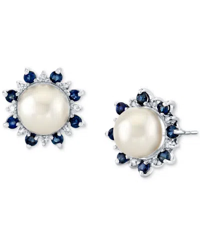 Macy's Cultured Freshwater Pearl (8mm), Blue Sapphire (1 Ct. T.w.) & Diamond (1/8 Ct. T.w.) Stud Earrings I In White Gold