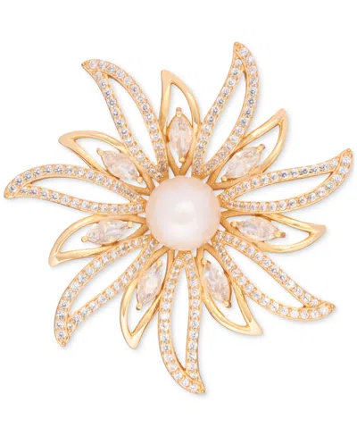 Macy's Cultured Freshwater Pearl (9-1/2mm) & Cubic Zirconia Sunburst Convertible Pin To Pendant In 18k Gold