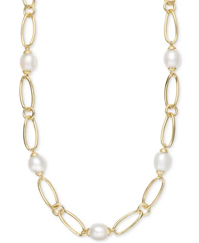 Macy's Cultured Freshwater Pearl (9-3/4 X 10-3/4mm) Oval Link 18" Collar Necklace In 14k Gold-plated Sterli In Gold Over Sterling Silver