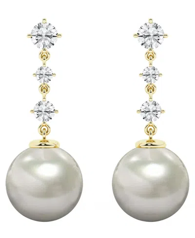 Macy's Cultured Freshwater Pearl (9-10mm) & Diamond Drop Earrings In 10k Yellow Gold In Gray