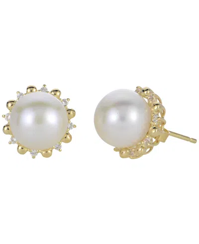 Macy's Cultured Freshwater Pearl (9.5-10mm) And Lab Created White Sapphire Earrings (0.16 Ct. T.w.) In Ster In Gold