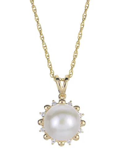 Macy's Cultured Freshwater Pearl (9.5-10mm) And Lab Created White Sapphire Pendant Necklace (0.08 Ct. T.w.) In Gold
