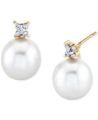 Macy's Cultured Freshwater Pearl (9mm) & Diamond (1/10 Ct. T.w.) Stud Earrings In 14k Gold