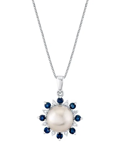 Macy's Cultured Freshwater Pearl (9mm), Blue Sapphire (5/8 Ct. T.w.) & Diamond 18" Pendant Necklace In 14k In White Gold