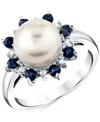Macy's Cultured Freshwater Pearl (9mm), Blue Sapphire (5/8 Ct. T.w.) & Diamond Accent Ring In 10k White Gol In White Gold