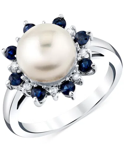 Macy's Cultured Freshwater Pearl (9mm), Blue Sapphire (5/8 Ct. T.w.) & Diamond Accent Ring In 10k White Gol In White Gold
