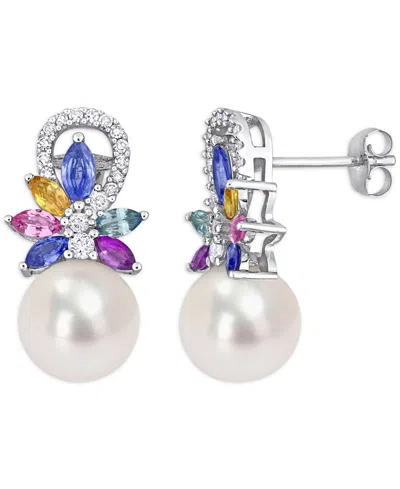 Macy's Cultured Freshwater Pearl (9mm), Multi-sapphire (1-5/8 Ct. T.w.) & Diamond (1/8 Ct. T.w.) Drop Earri In Metallic