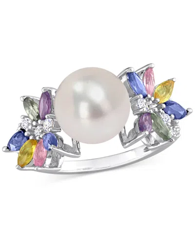 Macy's Cultured Freshwater Pearl (9mm), Multi-sapphire (1-5/8 Ct. T.w.) & Diamond (1/8 Ct. T.w.) Ring In 14