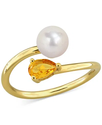 Macy's Cultured Freshwater Pearl & Citrine Ring (3/8 Ct. T.w.) In 18k Gold-plated Sterling Silver In Yellow