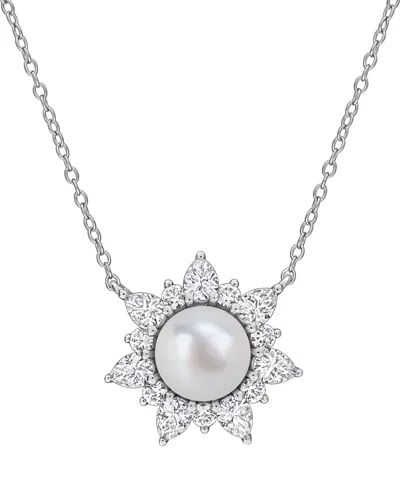 Macy's Cultured Freshwater Pearl & Created White Sapphire (2 Ct. T.w.) Pendant Necklace In Sterling Silver