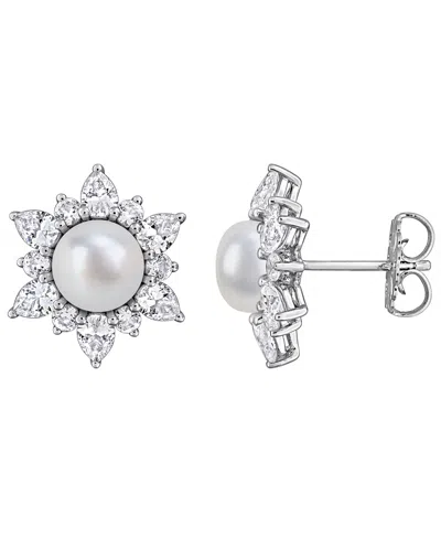 Macy's Cultured Freshwater Pearl & Created White Sapphire (3-3/8 Ct. T.w.) Earrings In Sterling Silver In Green