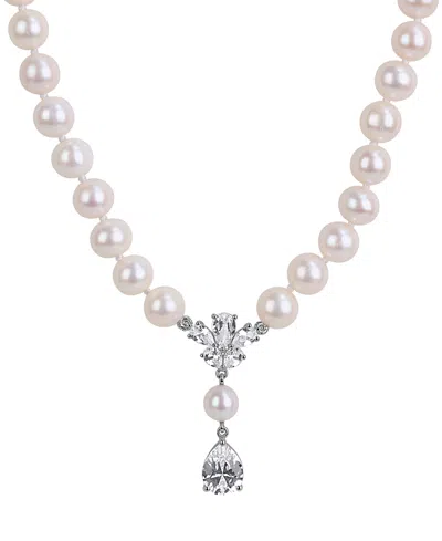 Macy's Cultured Freshwater Pearl & Created White Sapphire (4-1/2 Ct T.w.) Necklace In Sterling Silver In Multi