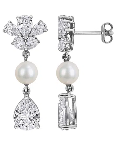 Macy's Cultured Freshwater Pearl & Created White Sapphire (8-7/8 Ct. T.w.) Drop Earrings In Sterling Silver In Multi
