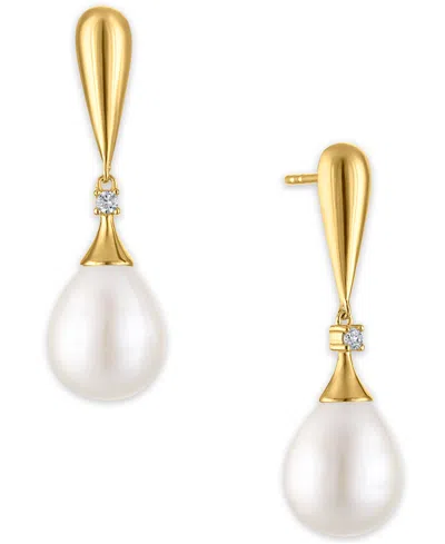 Macy's Cultured Freshwater Pearl And Cubic Zirconia Drop Earring (7.56 Ct. T.w.) In 14k Gold Over Sterling 