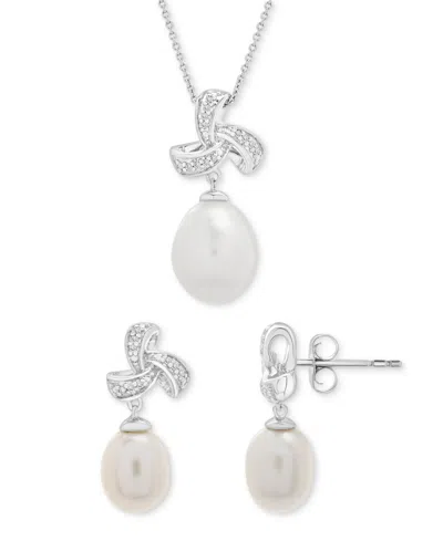 Macy's Cultured Freshwater Pearl & Diamond (1/10 Ct. T.w.) Pendant Necklace & Drop Earrings Set In Sterling In Silver