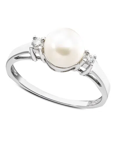 Macy's Cultured Freshwater Pearl & Diamond (1/10 Ct. T.w.) Ring In 14k White Gold In Metallic