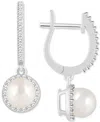 Macy's Cultured Freshwater Pearl& Diamond (1/3 Ct. T.w.) Halo Leverback Earrings In Sterling Silver (also I In Pearl