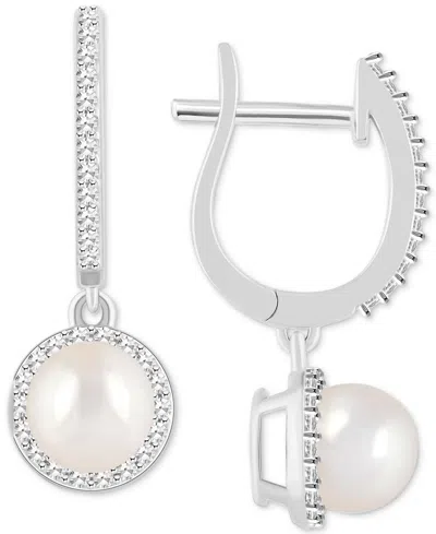 Macy's Cultured Freshwater Pearl& Diamond (1/3 Ct. T.w.) Halo Leverback Earrings In Sterling Silver (also I