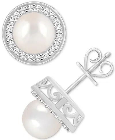 MACY'S CULTURED FRESHWATER PEARL & DIAMOND (1/5 CT. T.W.) HALO STUD EARRINGS IN STERLING SILVER (ALSO IN ON