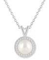 Macy's Cultured Freshwater Pearl & Diamond (1/8 Ct. T.w.) Halo Pendant Necklace In Sterling Silver (also In In Pearl