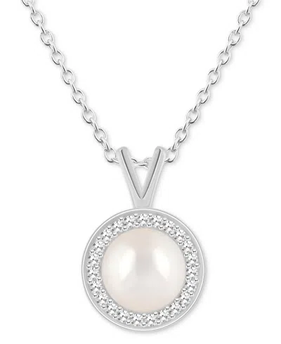 Macy's Cultured Freshwater Pearl & Diamond (1/8 Ct. T.w.) Halo Pendant Necklace In Sterling Silver (also In