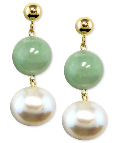 Macy's Cultured Freshwater Pearl And Dyed Jade Drop Earrings Set In 14k Gold In Jade  Pearl