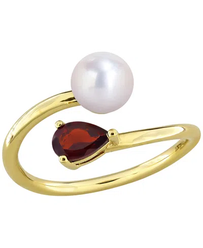 Macy's Cultured Freshwater Pearl & Garnet Ring (1/2 Ct. T.w.) In 18k Gold-plated Sterling Silver