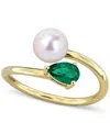 Macy's Cultured Freshwater Pearl & Lab-created Emerald Ring (3/8 Ct. T.w.) In 18k Gold-plated Sterling Silv In Gold