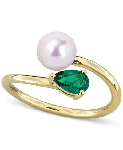 Macy's Cultured Freshwater Pearl & Lab-created Emerald Ring (3/8 Ct. T.w.) In 18k Gold-plated Sterling Silv
