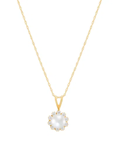 Macy's Cultured Freshwater Pearl And Lab-grown White Sapphire (1/5 Ct. T.w.) Pendant 18" Necklace In 10k Ye In Gold