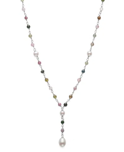 Macy's Cultured Freshwater Pearl & Multi Tourmaline Necklace In Sterling Silver