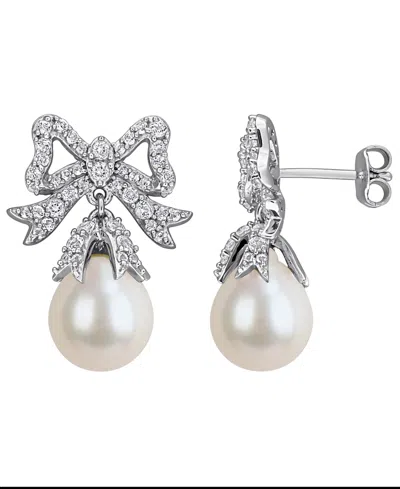 Macy's Cultured Freshwater Pearl & White Topaz (1-1/3 Ct T.w.) Drop Earrings In Sterling Silver