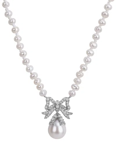 Macy's Cultured Freshwater Pearl & White Topaz (3/4 Ct. T.w.) Necklace In Sterling Silver In Gray