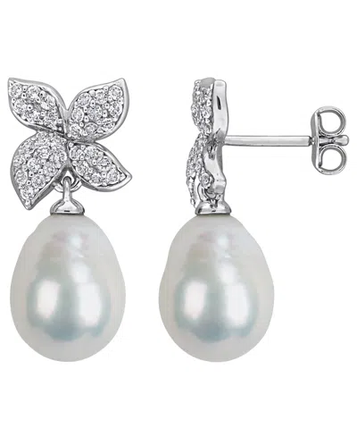 Macy's Cultured Freshwater Pearl & White Topaz (5/8 Ct T.w.) Drop Earrings In Sterling Silver