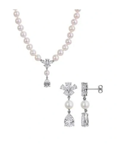 Macy's Macys Cultured Freshwater Pearl Created White Sapphire Drop Earrings Necklace In Sterling Silver Col