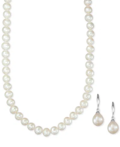 Macy's Cultured Freshwater Pearl Necklace (7-7 1/2mm) And Drop Earrings (7x9mm) Set In Sterling Silver In White,silver