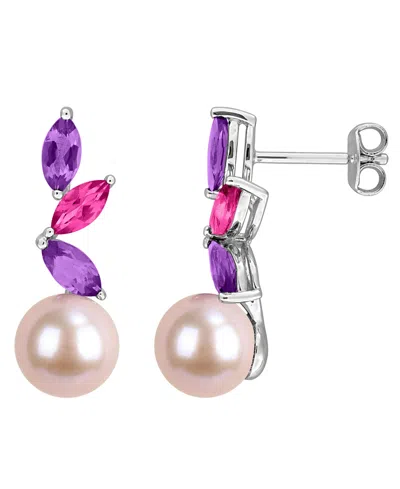 Macy's Cultured Freshwater Pearl, Pink Amethyst (1 Ct. T.w.) & Pink Topaz (3/8 Ct. T.w.) Earrings In Sterli In Multi