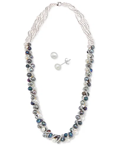 Macy's Cultured Freshwater Pearl Woven Necklace (4mm) & Stud Earrings (6mm) Set In Sterling Silver In Metallic
