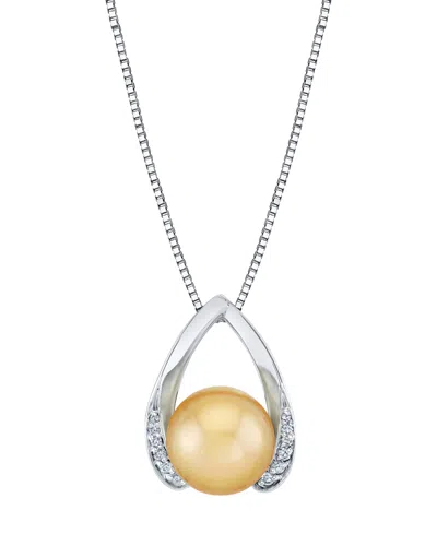 Macy's Cultured Golden South Sea Pearl (10mm) & Diamond (1/10 Ct. T.w.) Pendant Necklace In Sterling Silver In Metallic