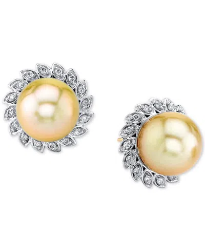 Macy's Cultured Golden South Sea Pearl (10mm) & Diamond (1/4 Ct. T.w.) Stud Earrings In 10k Gold In Yellow Gold