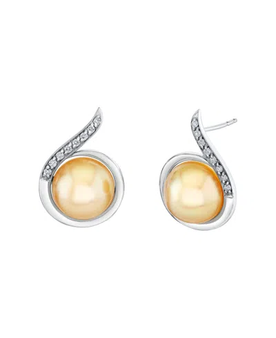 Macy's Cultured Golden South Sea Pearl (10mm) & Diamond (1/6 Ct. T.w.) Earrings In Sterling Silver In Multi