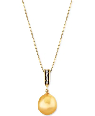Macy's Cultured Golden South Sea Pearl (10mm) & Diamond Accent 18" Pendant Necklace In 14k Gold In Yellow Gold